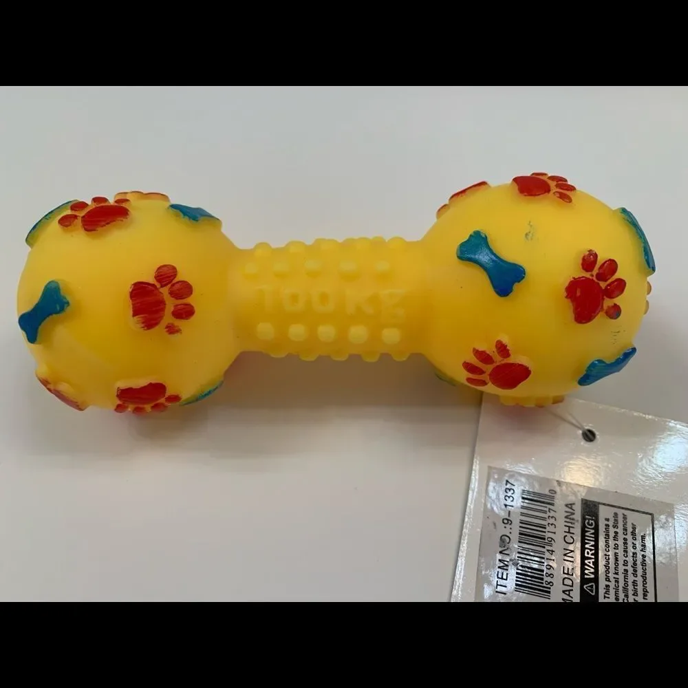 Pet- Squeaky Toy- Dumbbell W/ Paw Prints - Various Colors